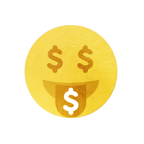 Illustrasjon av gjeipende emoji med pengeøyne 