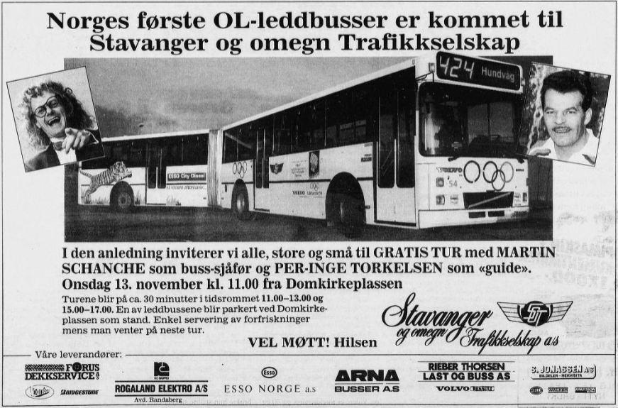 Faksimile frå Rogalands Avis om gratis tur med leddbussen, med Martin Schanche som sjåfør og Per-Inge Torkelsen som guide. 