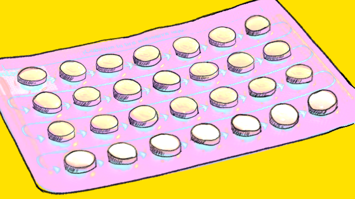 Tegning i gult og rosa av et fullt pillebrett som skal forestille p-piller. 