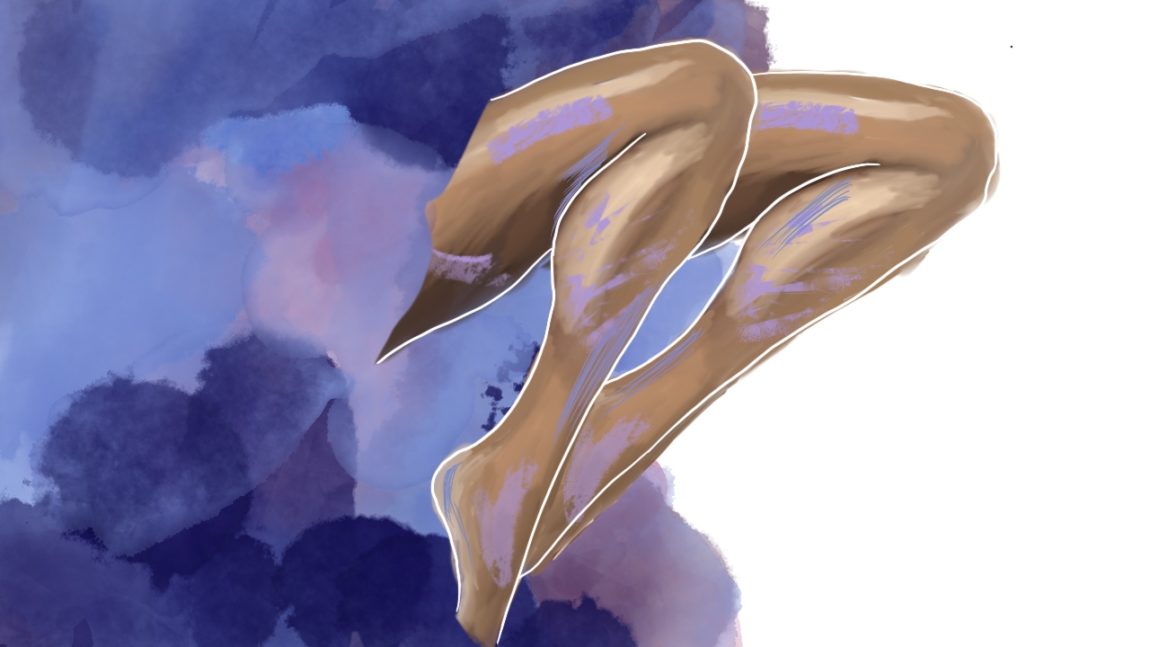Illustrasjon av to bein som stikk ut frå noko som ligner ei lilla sky som har blåskjær i seg.