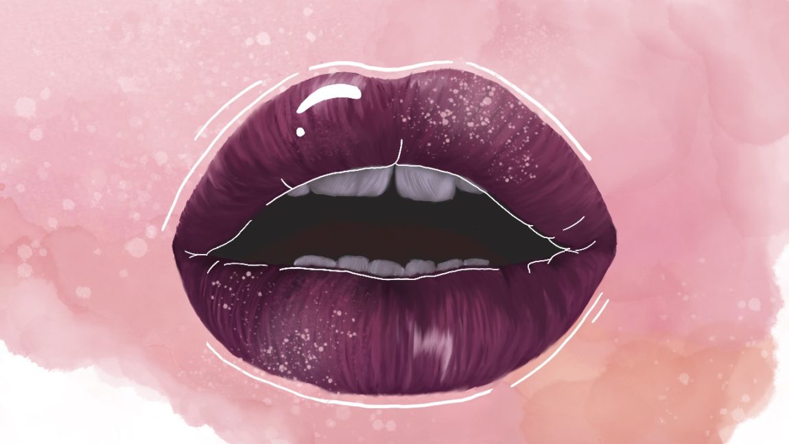 Illustrasjon av ein mørkerosa munn som er open og kvite tenner visast. Bakgrunnen er lyserosa. 