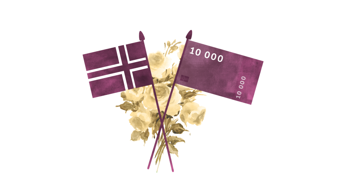 Illustrasjo av to norske flagg der det står 10.000 på et av dem