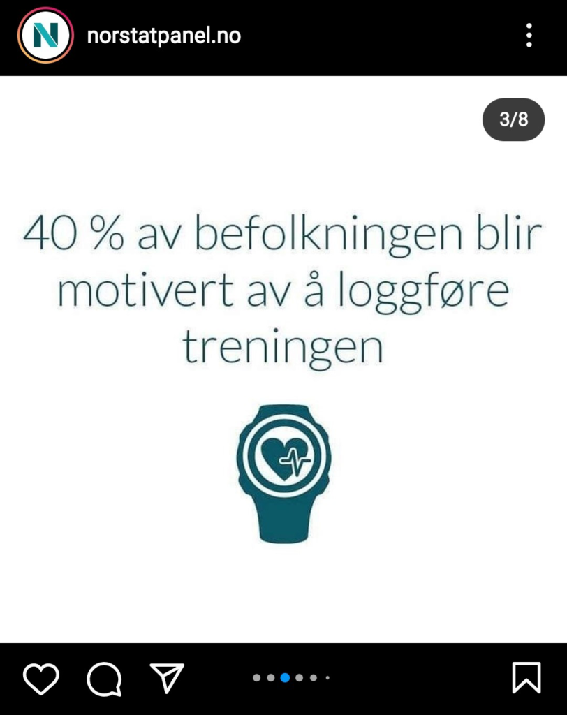 Skjermbilde av Norstat sin instagramkonto der det står: 40% av befolkningen blir motivert av å loggføre treningen. 