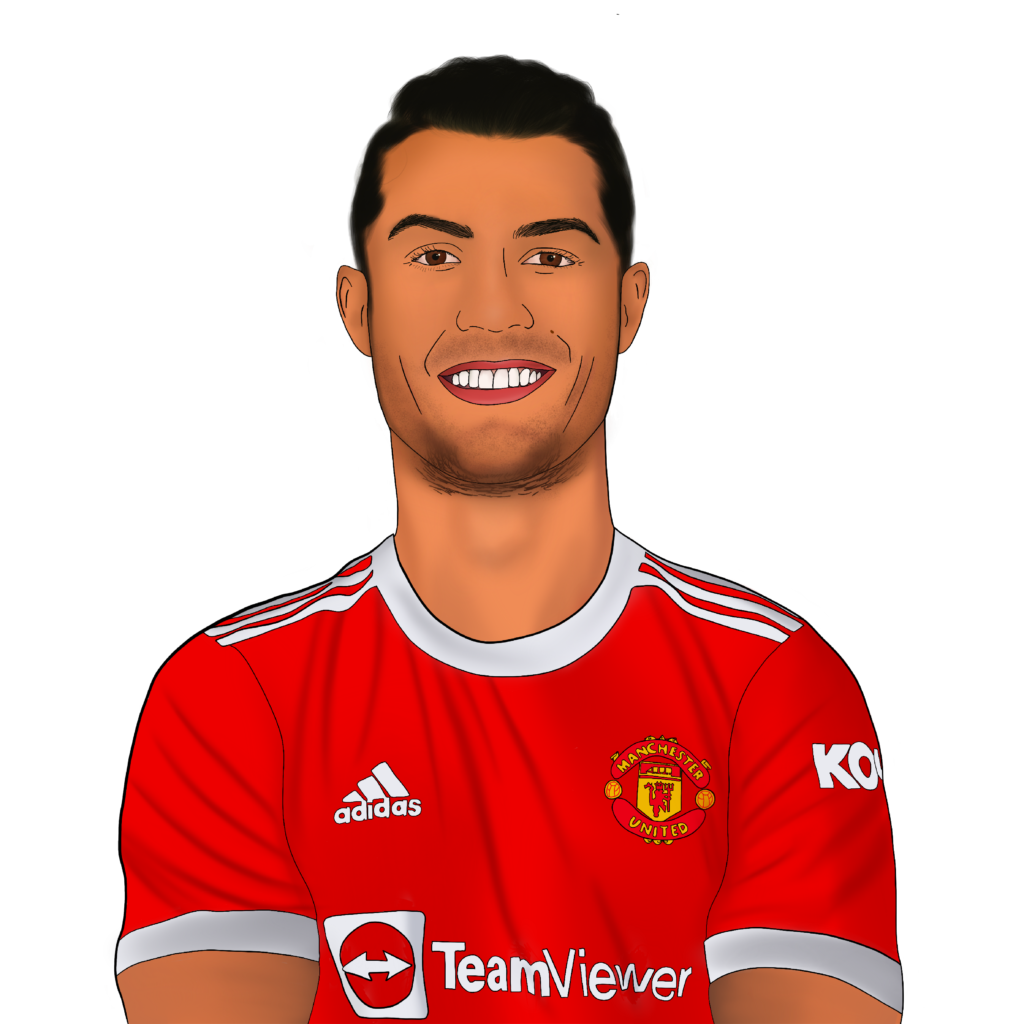 En illustrasjon av fotballspilleren Cristiano Ronaldo. Han har på seg en rød Manchester United drakt. Han smiler med kritthvite tenner. Har har armene i kors.