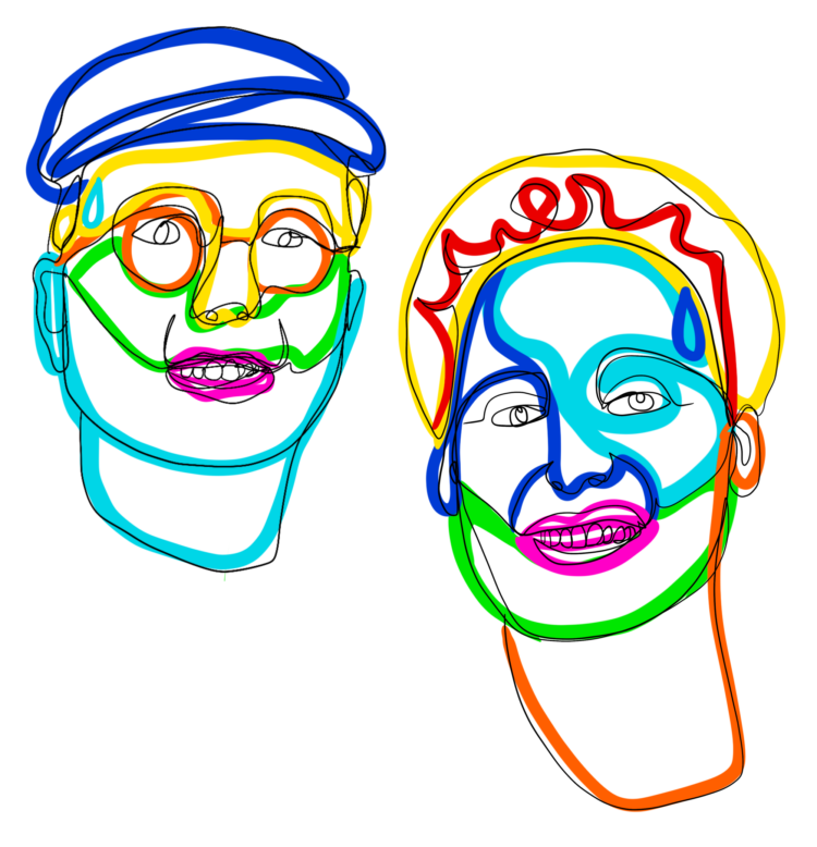 Illustrasjonar av hovuda til Nils og Sigrud. Enkle strekar formar konturane til ansikta deira, men det er lagt på tjukkare fargerike strekar i deler av ansikta. 