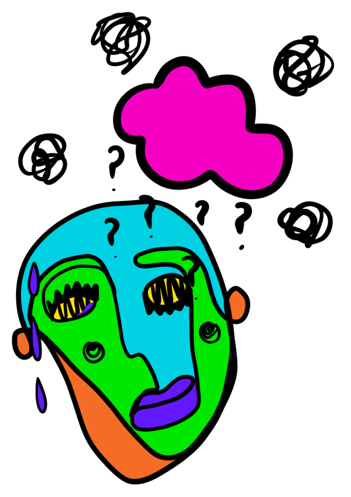 Ein illustrasjon i picasso-stil. Eit fargerikt, dekonstruert ansikt ser lei seg ut. Over henger ei rosa sky som regner spørsmålsteikn og svarte krussedullar. 