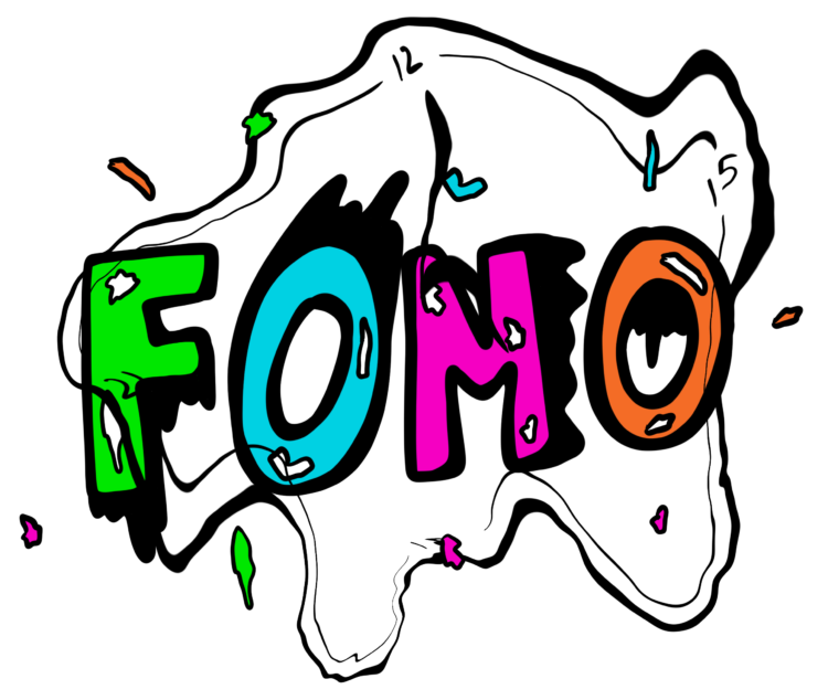 Ein illustrasjon av bokstavane FOMO i knæsje fargar. Kvar bokstav har kvar sin farge og i bakgrunnen er ei "smelta" klokke. 