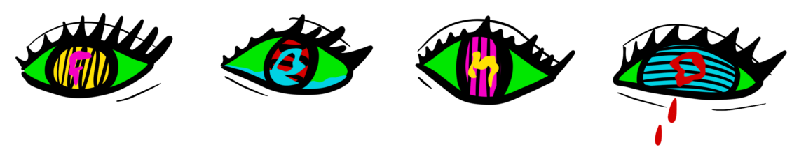 Fire auger er teikna på rekke og rad. Augo er grøne, med fargerike pupillar. Eit gret raude tårer, og inne i pupillane ser me ein bokstav, i alle fire augene staver det FOMO.
