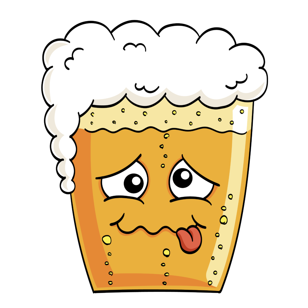 En illustrasjon av et glass øl. Den ser ut som en tegneseriefigur, og smiler med et beruset uttrykk.