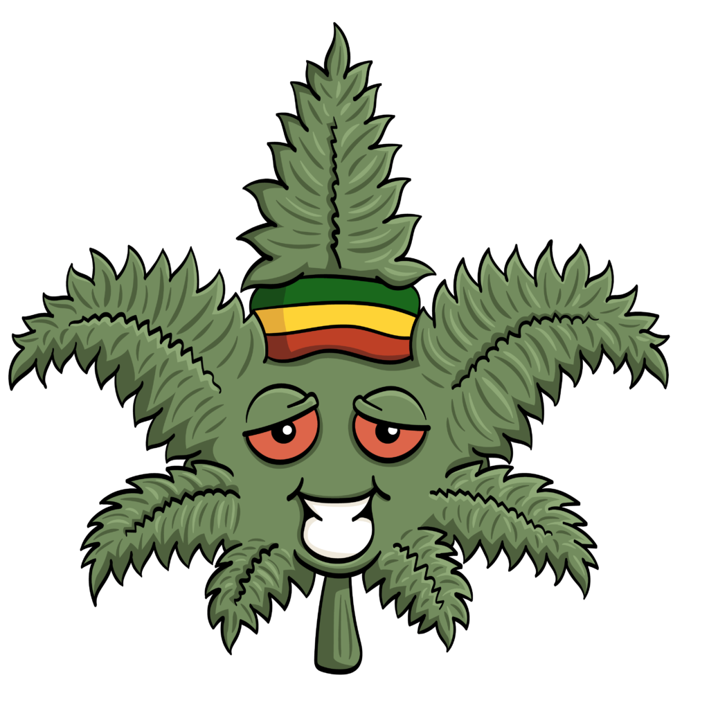 En illustrasjon av en cannabisplante. Den ser ut som en tegneseriefigur, og smiler med røde øyne.