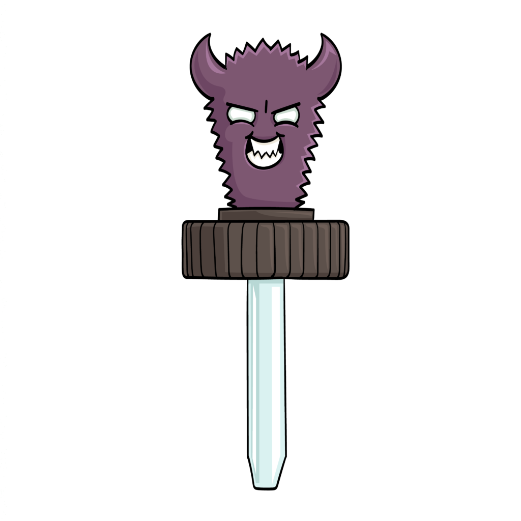 En illustrasjon av GHB-karakter. Den ser ut som en ond pipette, med djevelske horn.