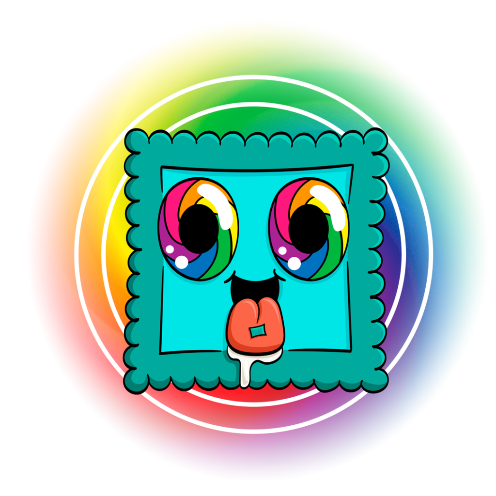 En LSD-karakter. Den ser ut som et slags frimerke med regnbuefargede, intense øyne.
