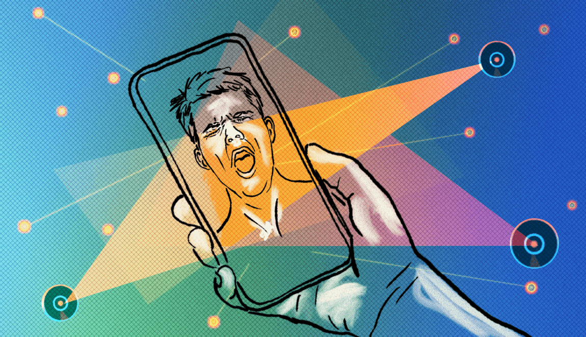 Illustrasjon av en hånd som holder en mobil, i mobilen vises ansiktet til en mann med åpen munn og lukkede øyne. Han har bar overkropp. Omkring han er små glødende sirkler som kaster lys over telefonen.