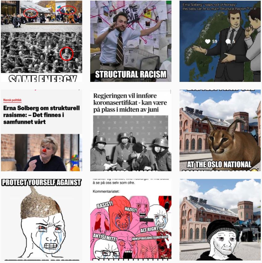 Skjermdump fra instagramkontoen sannhetsministeret. Her er det laget memes som kan provosere mange. 