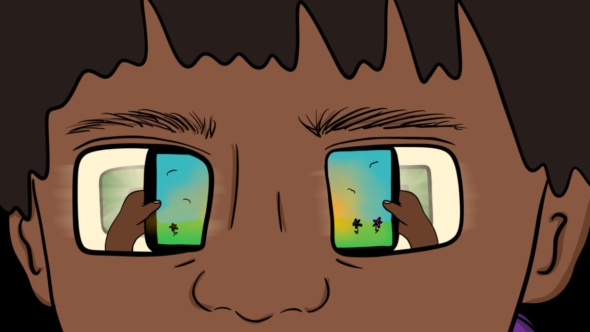 Illustrasjon: Vi ser en ung, mørk gutt, med firkantede øyner, stirre ned i en iPad. 