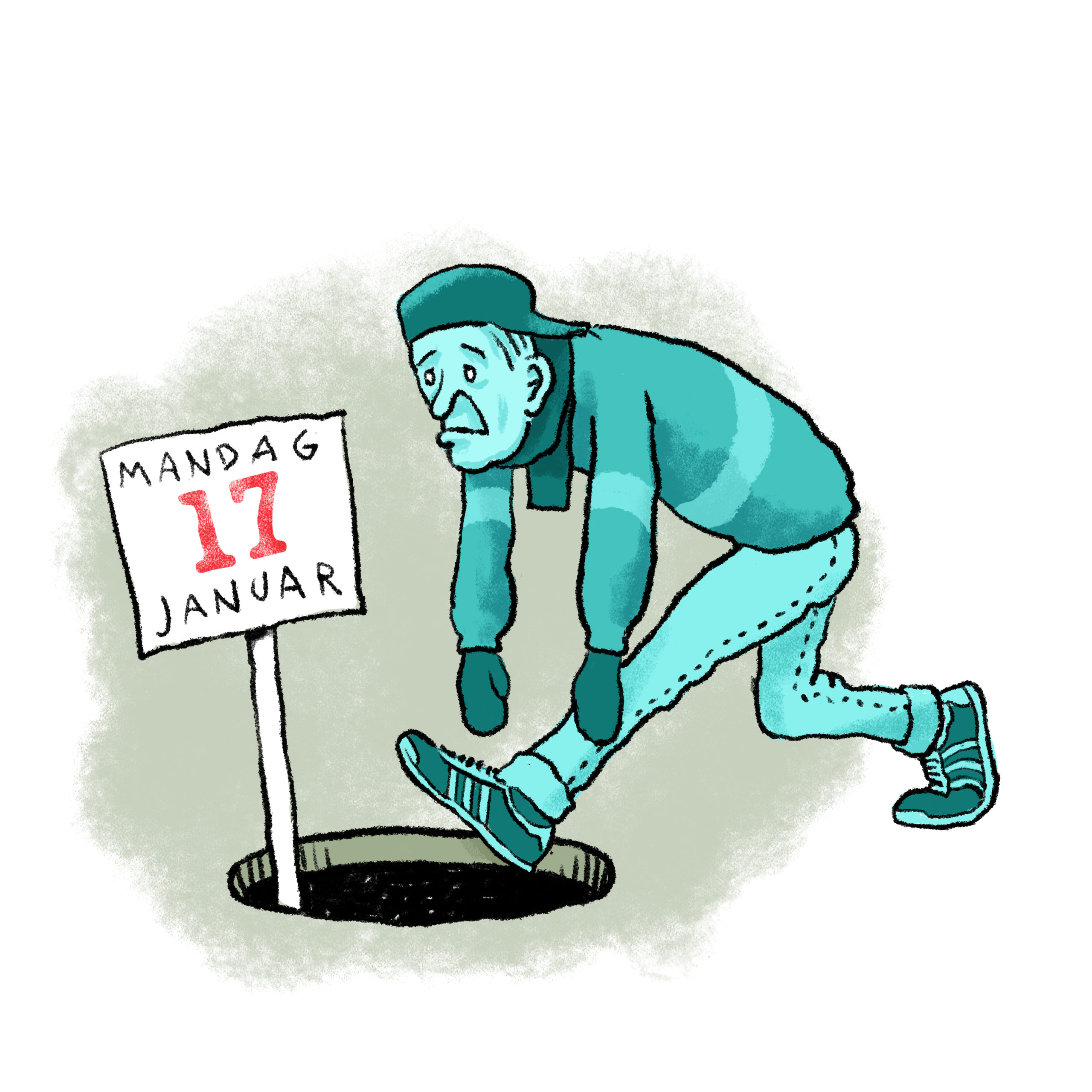 En illustrasjon av en blå mann som går rett mot et svart hull med et skilt stikkende opp hvor det står "17. januar"