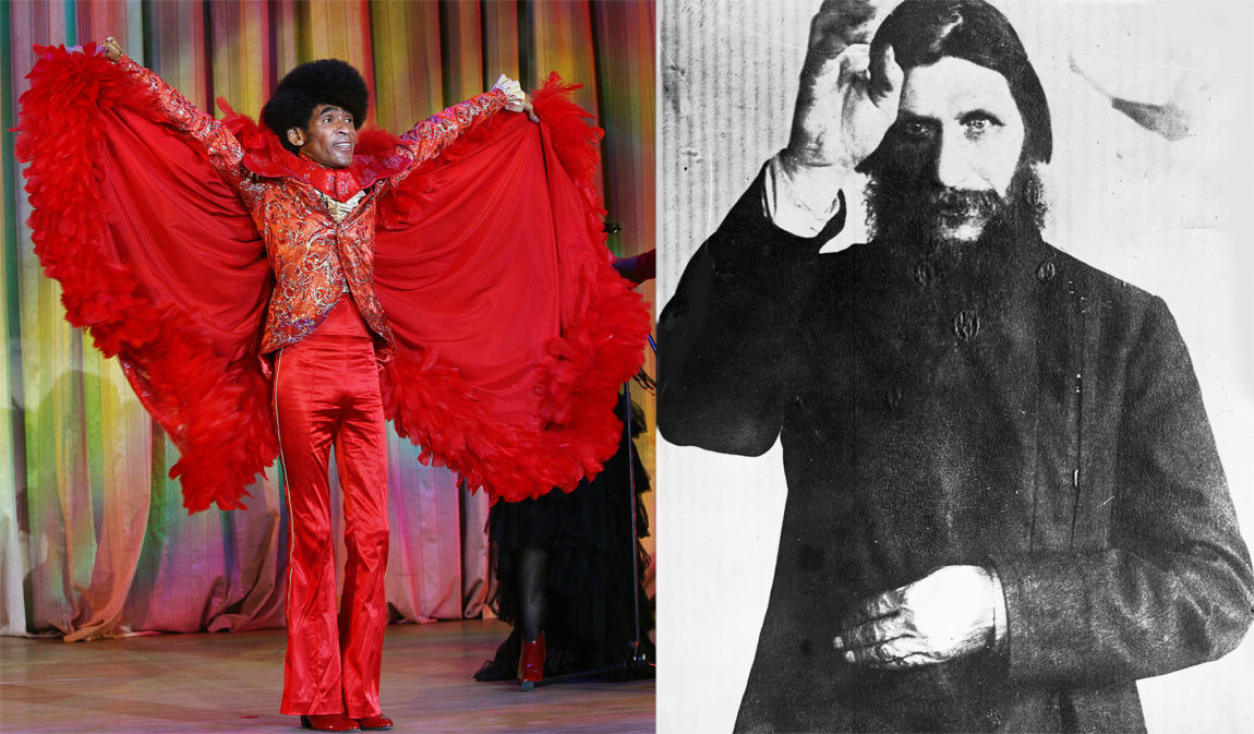 En kollasj av to bilder. I den første ser vi en mann med afrohår, rød drakt og rød kappe. I det andre ser vi et sort-hvitt-bilde, et historisk bilde av Rasputin.