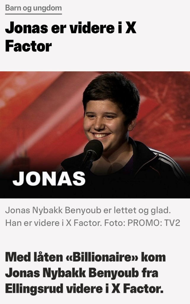 Skjermdump fra nettavisen. Overskriften sier: Jonas er videre i X Factor. Det er bilde av Jonas Benyoub fra han var 15 år.