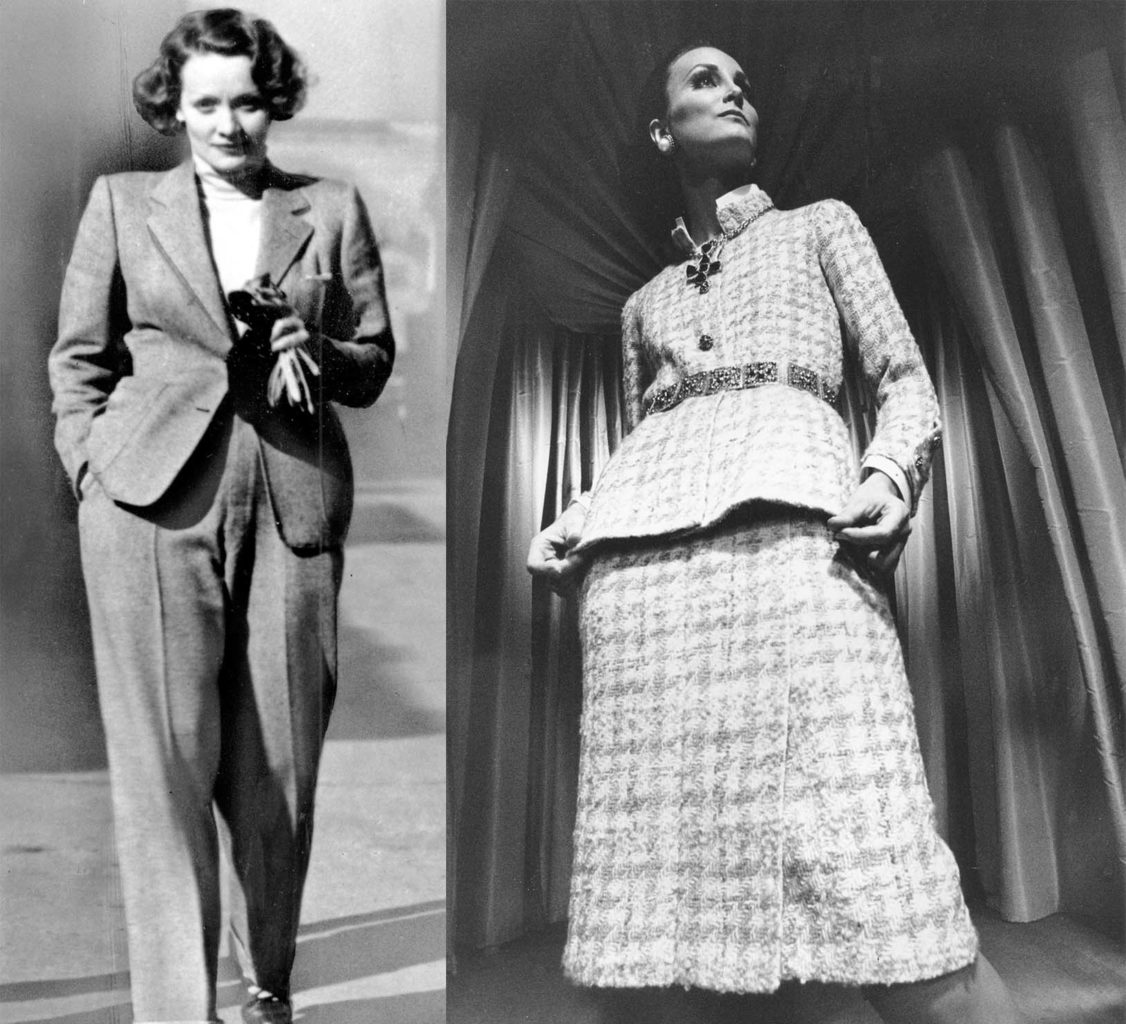 To bilder satt sammen til en kollasj. Venstre bilde er Marlene Dietrich som har på seg en buksedress. Høyre bilde er en modell som har på seg en dress-og-skjørt-kombinasjon.