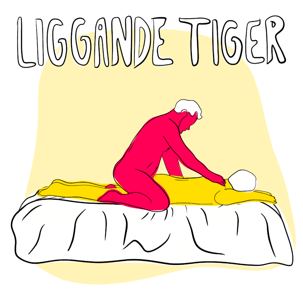 Illustrasjonen viser sexstillinga Liggande tiger. Ein mann ligg flat ut på magen og ser vekk. Armane ligg rett fram. Ein anna mann sit oppå han rett bak rumpa. Mannen på topp held ei forsiktig hand på ryggen til han på botnen.