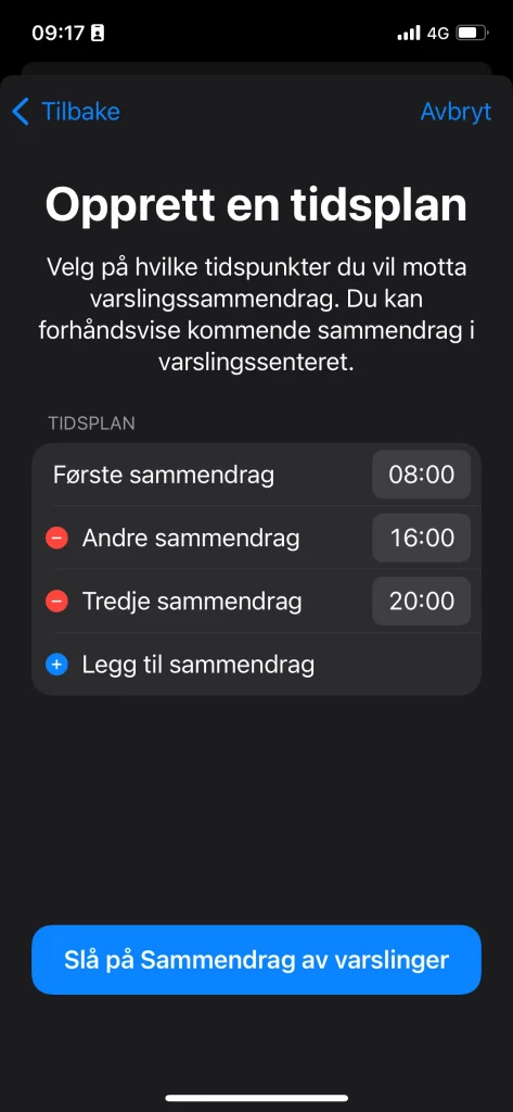 Ein skjermdump av korleis ein opprettar ein tidsplan inne i innstillingar til Iphone. Det er huka av for at det skal komma varslingar kl. 08.00, kl. 16.00 og kl. 20.00.