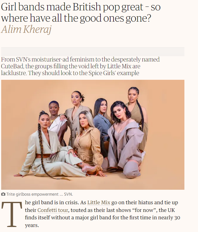 Faksimile fra en The Guardian nettsak. Der er det blant annet et bilde av Little Mix.