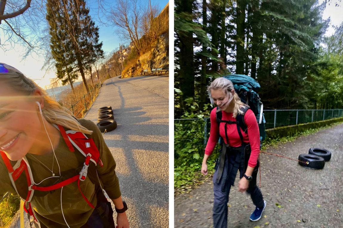 Hedvig går tur med sekk på ryggen og bildekk som er festet med et tau rundt livet etter seg. Hun har på seg treningstøy og går opp en asfaltbakke i Bergen.
