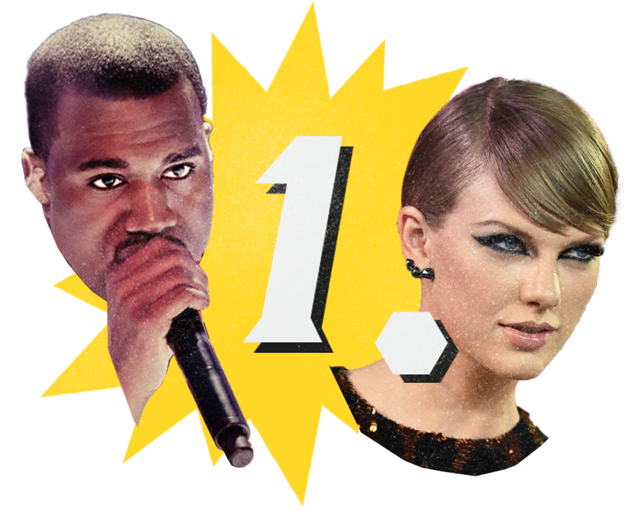 Kanye synger i en mikrofon og ser alvorlig ut, Taylor Swift ser ut til siden. Hun er seriøs, har brei svart eyeliner, og håret i hestehale. Begge hodene er klippet ut, og mellom dem står et 1-tall oppå en gul tegneserie-stjerne. 