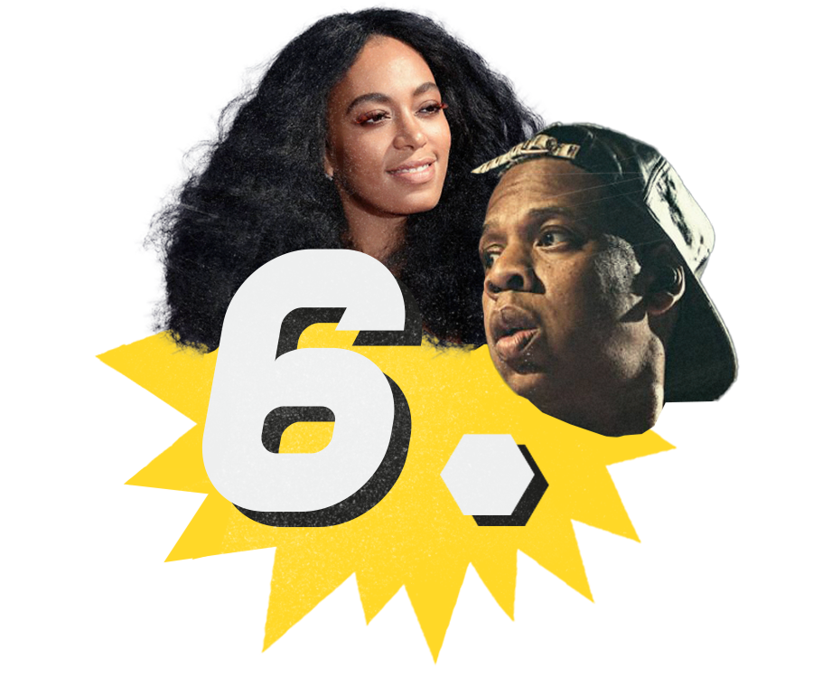 Solange har langt, sort, stort hår, og lange røde vipper. Hun smiler og ser til siden. Jay-Z ser mot Solange med halvåpen munn og en caps på bak-frem. Under de er en gul stjerne med et 6-tall oppå. 