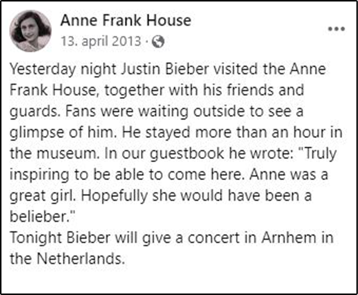 Et screenshot av en facebook-post fra Anne Frank House fra 2013.