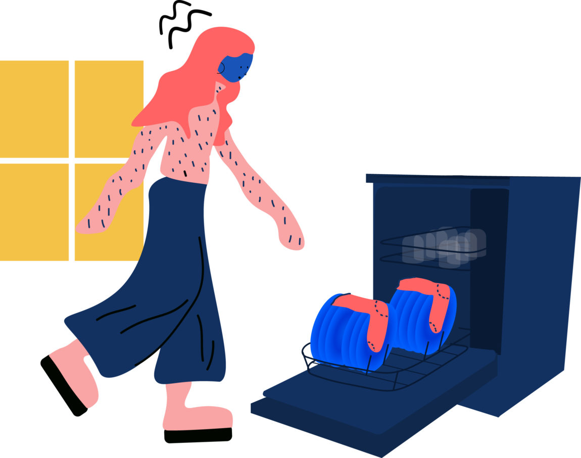 Ein illustrasjon av ei kvinne som går mot ein oppvaskmaskin. Over dei skitne tallerkenane i maskina, ligg det eit par skitne sokkar. 