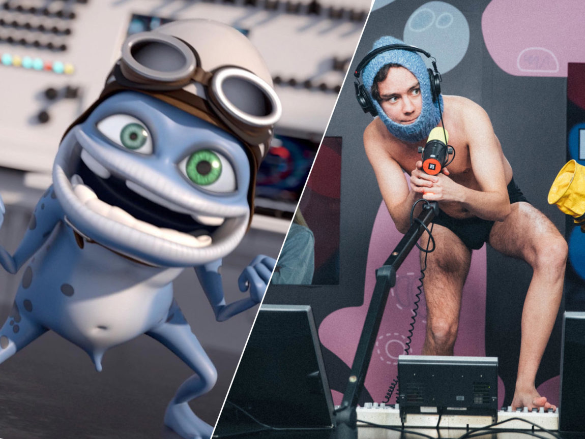 En collage av to bilder. Venstre: Crazy Frog, en animert figur. Den er blå og har på seg motorsykkelhjelm. Ellers er den naken. Den har en liten penis dinglende mellom bena. Høyre: Henning Bang før forvandlingen. Han er en ung mann med sort hår, og på bildet står han i studio kun iført en liten sort truse på kroppen, og en hjemmestrikket balaklava på hodet.