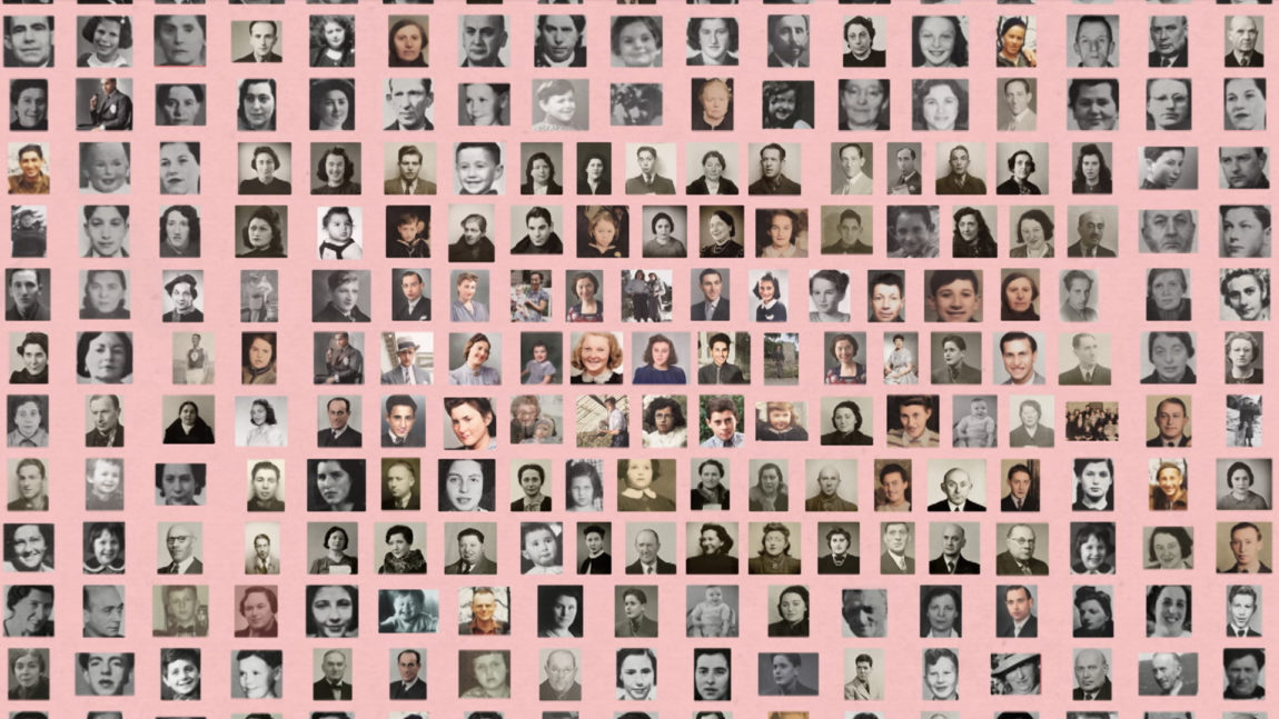 Illustrasjonsfoto av flere av jødene som bodde i Norge under krigen. Portrettene er fordelt utover mot en rosa bakgrunn.