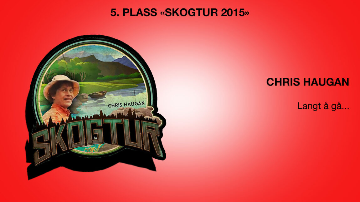 Et russekort hvor det øverst står 5. plass «SKOGTUR 2015». nEDENFOR STÅR DET Chris Haugan Langt å gå ... Til venstre er Skogtur logoen 