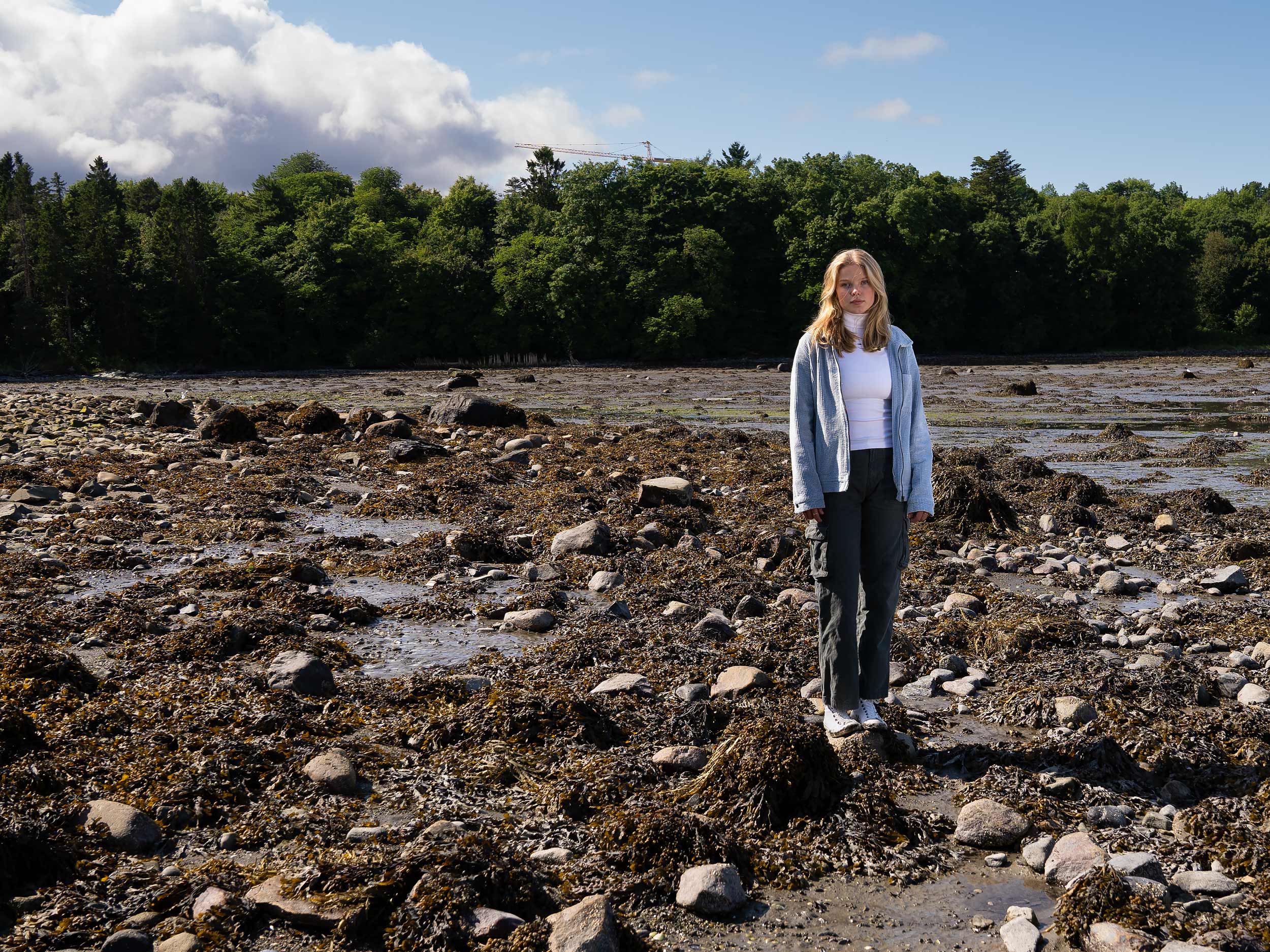 Hilma står i fjæra blant tang, stein og hint av sjø, mens hun kikker alvorlig inn i kameraet. Hun er avbildet i helfigur, og står rett opp og ned. I bakgrunnen er det blå himmel med noen få skyer, og en rad av grønne trær. Sola lyser opp det mørkeblonde håret hennes.