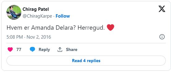 Skjermdump av Chirag sin twitter hvor han skriver «Hvem er Amanda Delara? Herregud. <3»