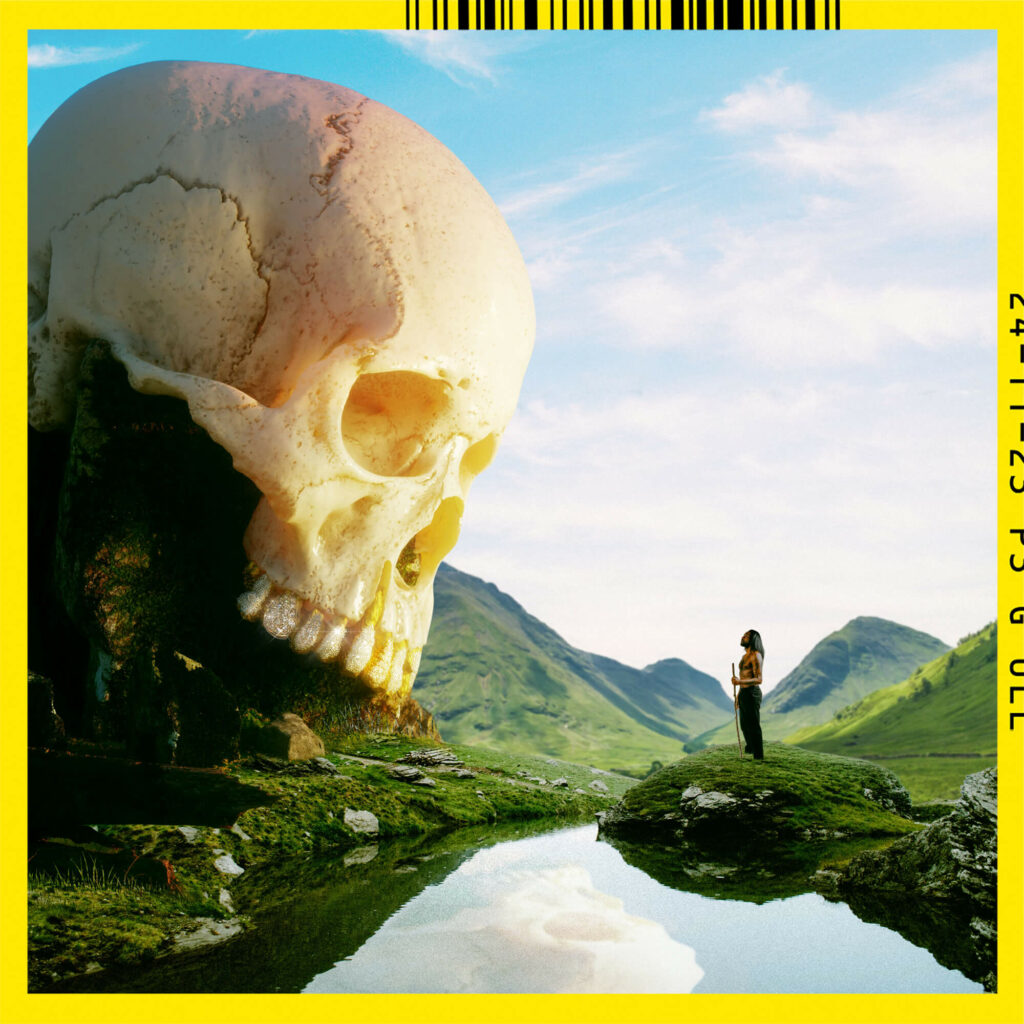 Albumcoveret til Arif i Waanderland. Arif står i bakgrunnen og ser på et dødningshode. I bakgrunnen er det et fjell og masse vann.