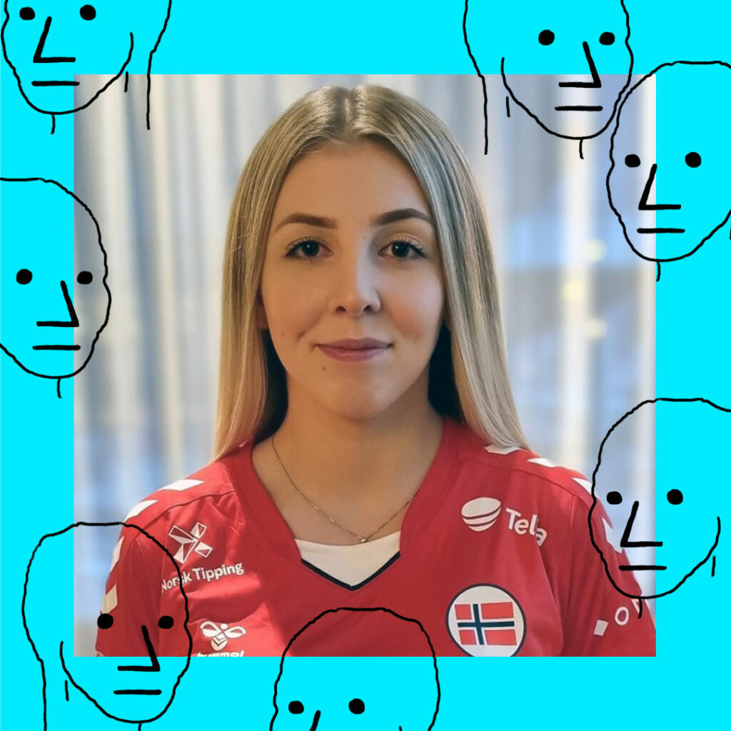 Gamer Marita Sørensen ser smilende inn i kamera. Hun har på seg en rød landslagsskjorte. Rundt bildet er en turkis ramme med NPC memeansikt rundt.