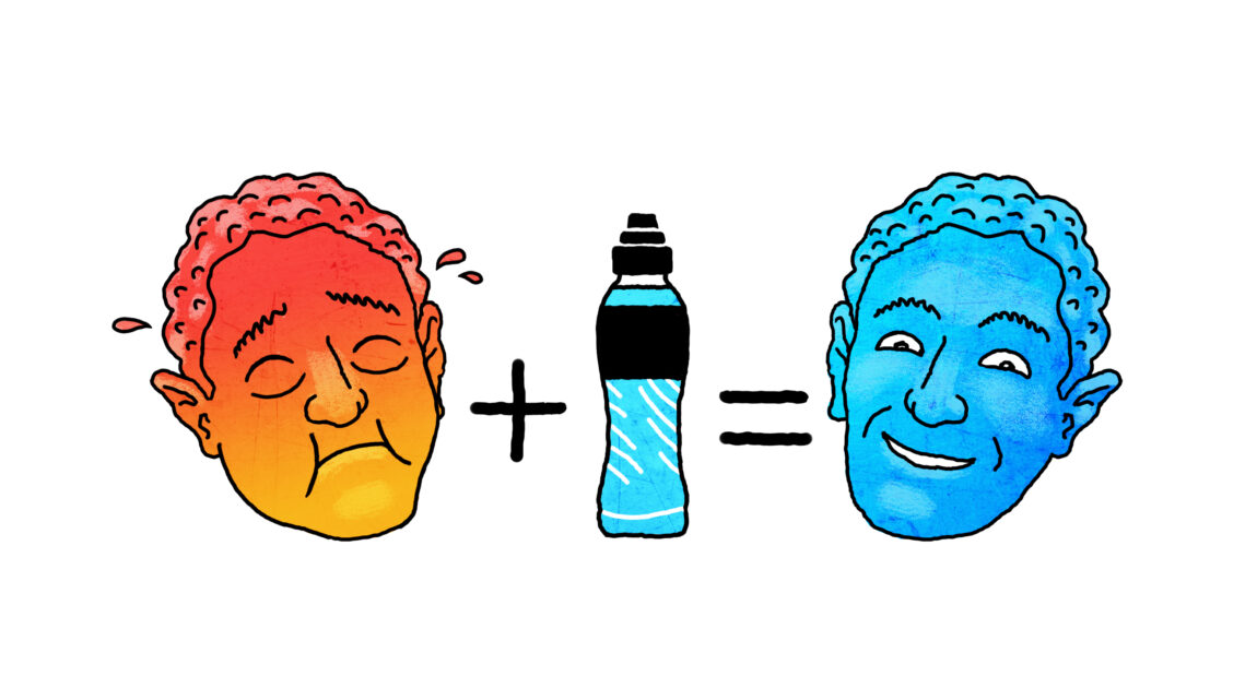 En illutrasjon av et surt ansikt som er rødt + en blå drikke = en blå mann som smiler og koser seg.