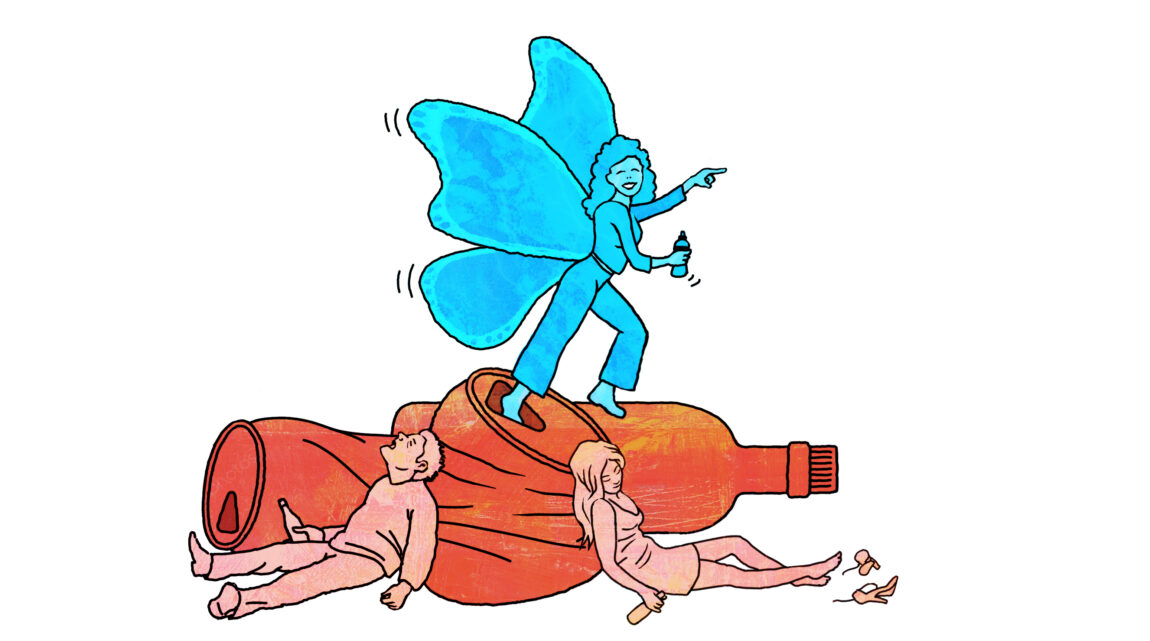 En illustrasjon av to frønne dødrukne mennesker som ligger ved røde bokser og glassflasker. Ut av den ene boksen stiger det opp en blå engel med en drikk i hånden.