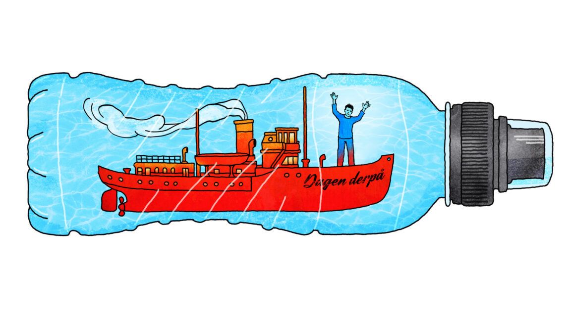 En illustrasjon av en blå powerade som ligger på siden. I midten er det et rødt skip hvor det står «dagen derpå»