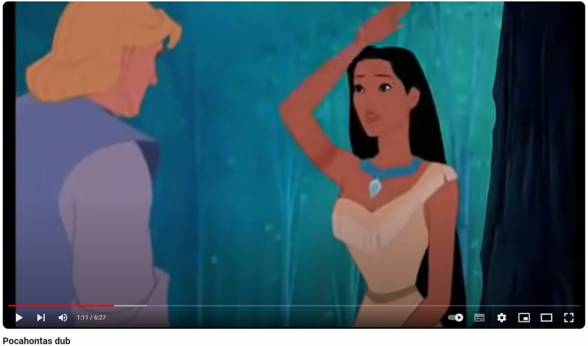 Her ser vi en skjermdump fra YouTube. Disneys Pocahontas holder en hånd i været og hilser på John Snow