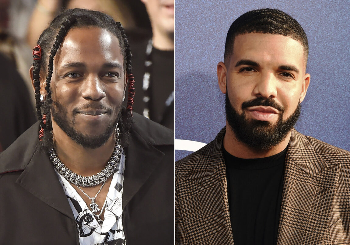 Kendrick Lamar til venstre og Drake til høyre. Kendrick har masse rastafletter og chains. Mens Drake har en rutete blazer og svart t-skjorte.