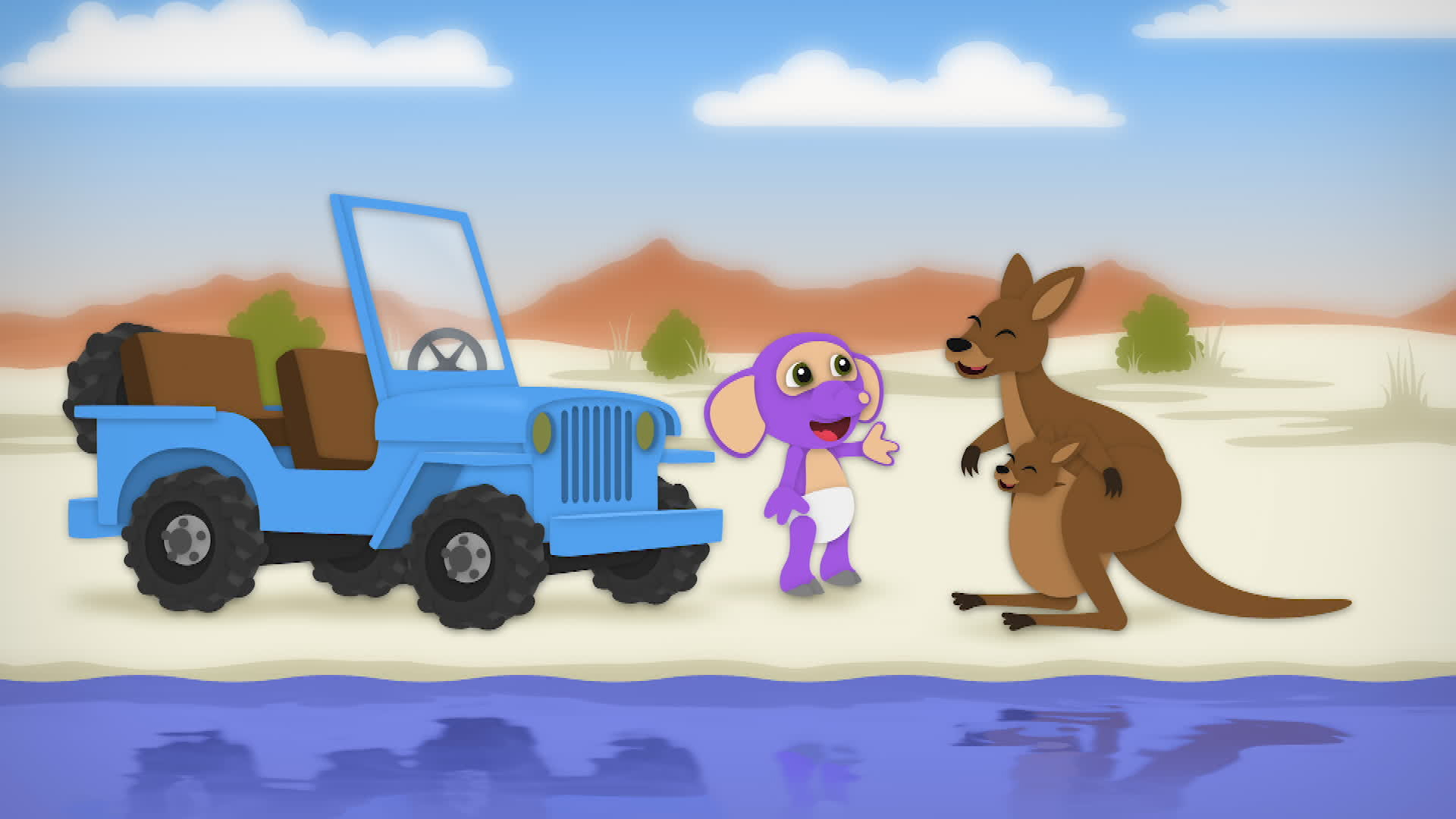 Et bilde hentet fra en animasjonsfilm for barn. Vi ser figuren Fantus som hilser på en smilende kenguru.